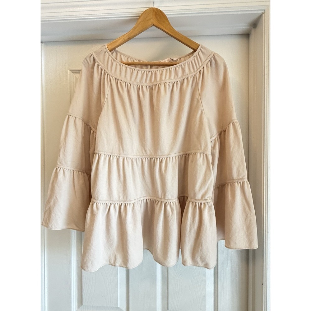 Rebecca Taylor Tiered Pique Top L Beige Tiered Bell Sleeve Babydoll Top